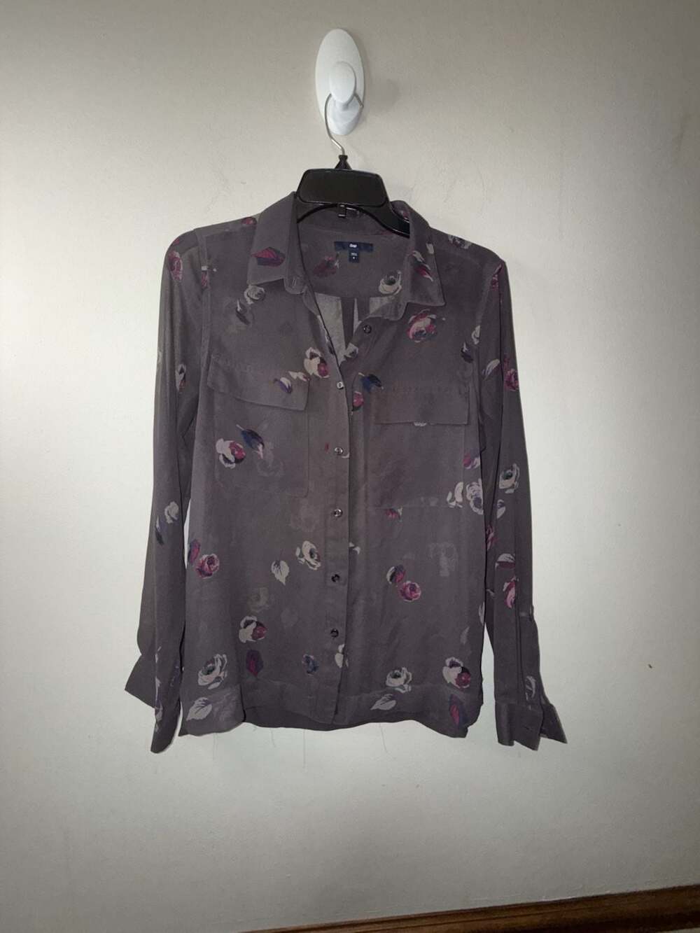 Gap Women's Grey Floral Sheer Button-Down Long Sleeve Blouse